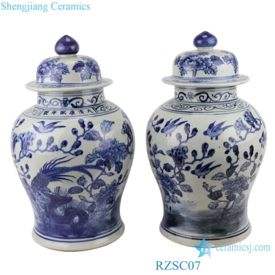 Rzsc07 Jingdezhen Jarra de gengibre de cerâmica antiga com padrão de flores e pássaros